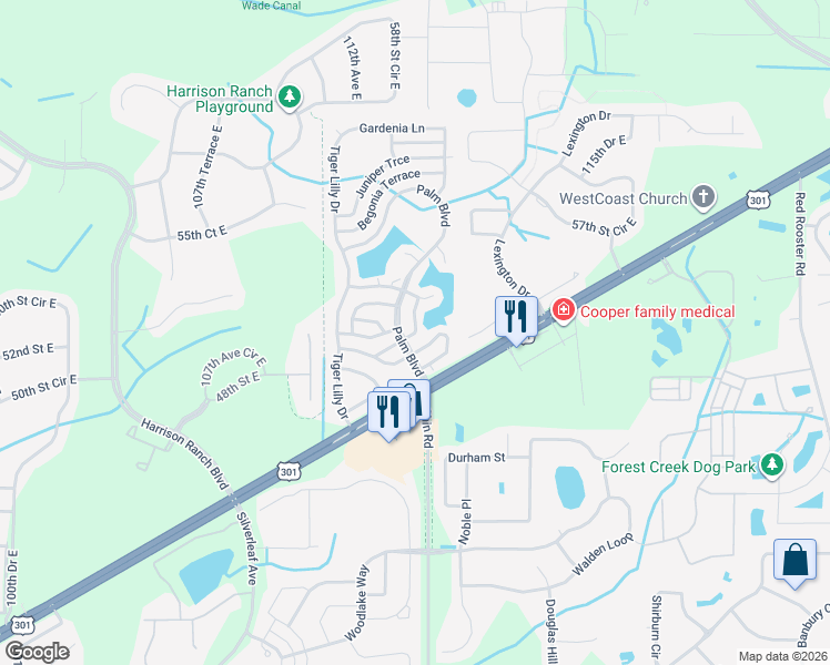 map of restaurants, bars, coffee shops, grocery stores, and more near 133 Jacaranda Way in Parrish