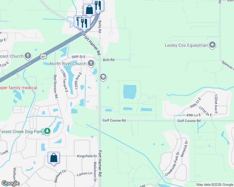 map of restaurants, bars, coffee shops, grocery stores, and more near 5219 123th Avenue East in Parrish