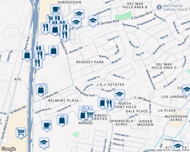 map of restaurants, bars, coffee shops, grocery stores, and more near 119 Regal Drive in Laredo
