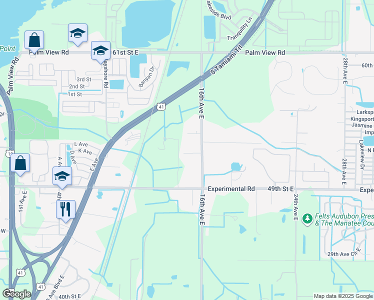 map of restaurants, bars, coffee shops, grocery stores, and more near 1412 Park Drive East in Palmetto