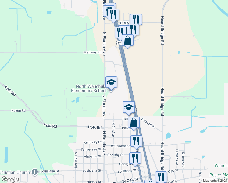 map of restaurants, bars, coffee shops, grocery stores, and more near 1120 North Florida Avenue in Wauchula