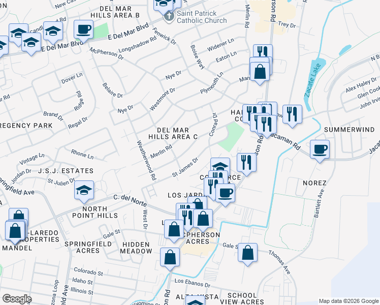 map of restaurants, bars, coffee shops, grocery stores, and more near 513 Martens Drive in Laredo