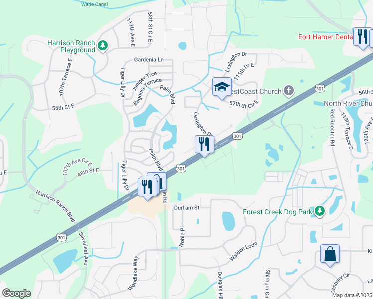 map of restaurants, bars, coffee shops, grocery stores, and more near 11432 52nd Court East in Parrish