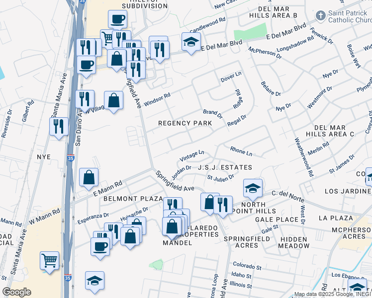 map of restaurants, bars, coffee shops, grocery stores, and more near 119 Regal Drive in Laredo