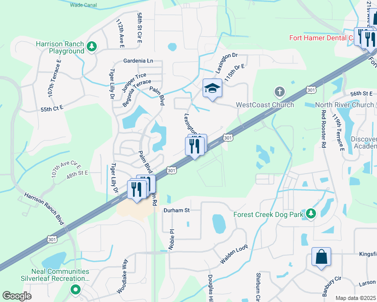 map of restaurants, bars, coffee shops, grocery stores, and more near 11473 52nd Court East in Parrish