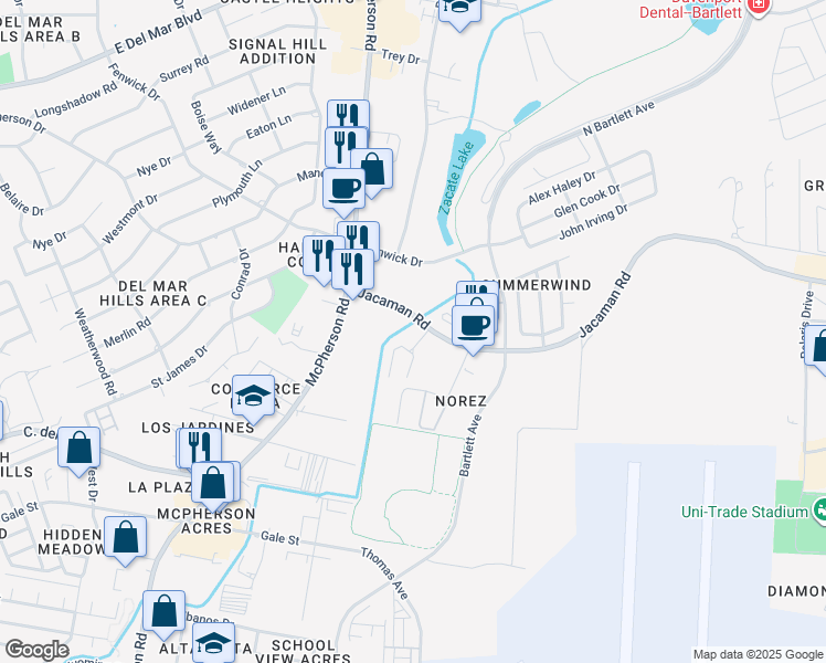map of restaurants, bars, coffee shops, grocery stores, and more near 1601 Jacaman Road in Laredo