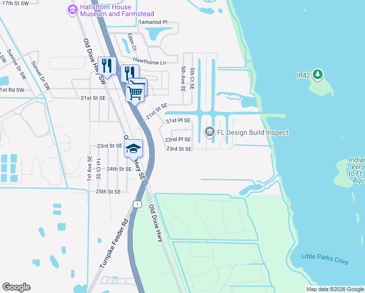 map of restaurants, bars, coffee shops, grocery stores, and more near 454 23rd Street Southeast in Vero Beach