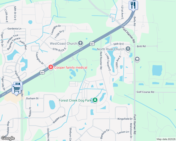 map of restaurants, bars, coffee shops, grocery stores, and more near 11770 Hidden Forest Loop in Parrish