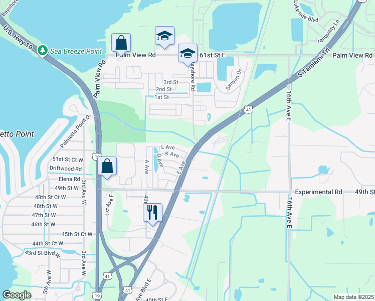 map of restaurants, bars, coffee shops, grocery stores, and more near 143 L Avenue in Palmetto