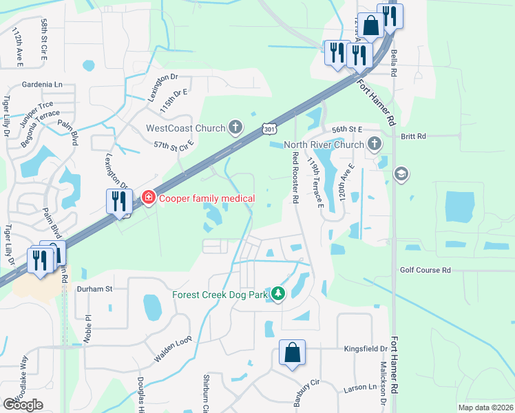 map of restaurants, bars, coffee shops, grocery stores, and more near 11770 Hidden Forest Loop in Parrish
