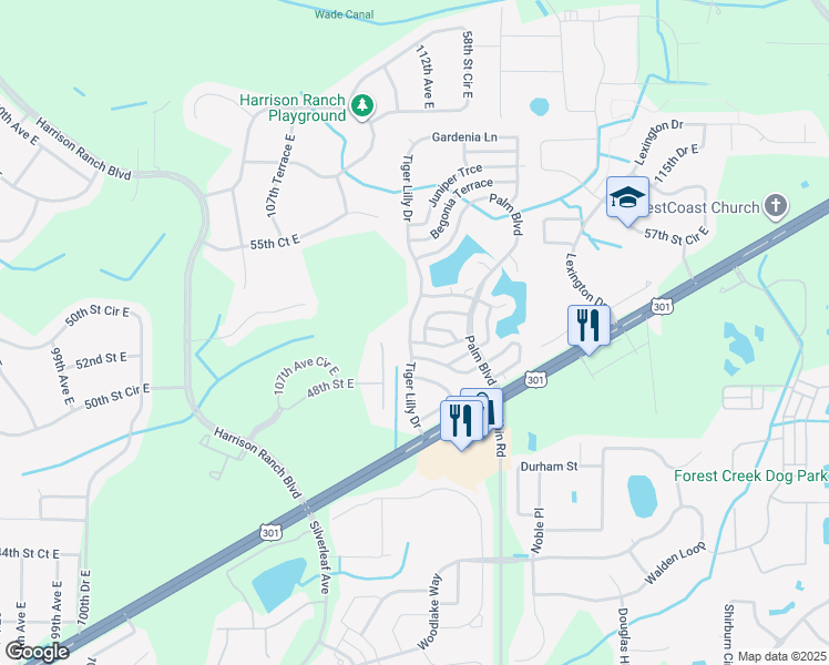 map of restaurants, bars, coffee shops, grocery stores, and more near 142 Tiger Lilly Drive in Parrish