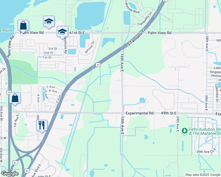 map of restaurants, bars, coffee shops, grocery stores, and more near 1412 Park Drive East in Palmetto