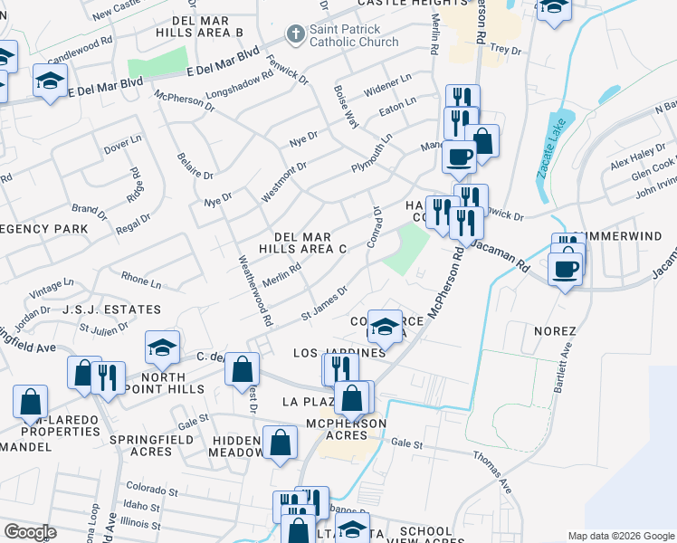 map of restaurants, bars, coffee shops, grocery stores, and more near 513 Martens Drive in Laredo