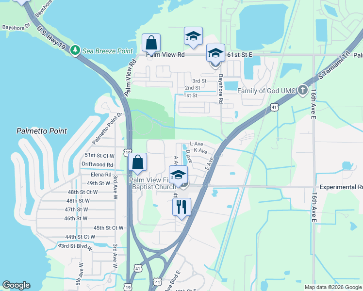 map of restaurants, bars, coffee shops, grocery stores, and more near B Avenue in Manatee County