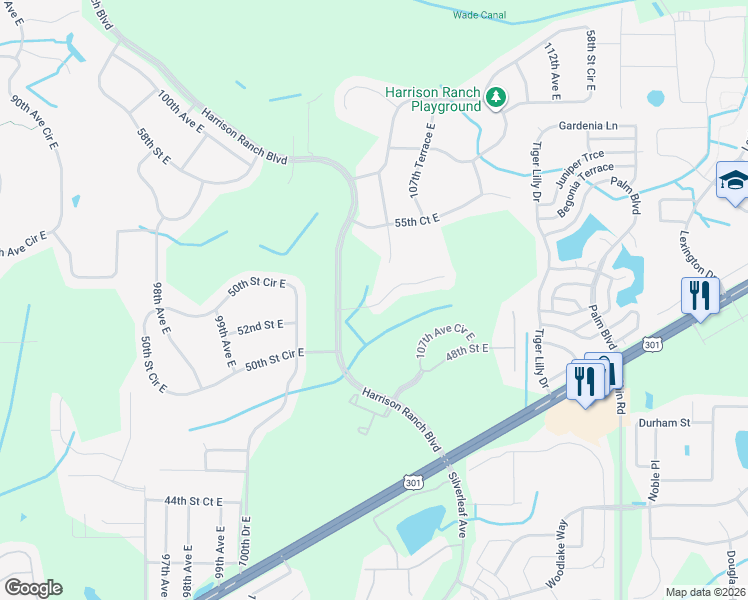 map of restaurants, bars, coffee shops, grocery stores, and more near 10510 52nd Court East in Parrish