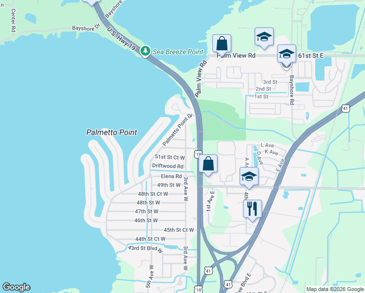 map of restaurants, bars, coffee shops, grocery stores, and more near 302 Buena Vista Road in Palmetto