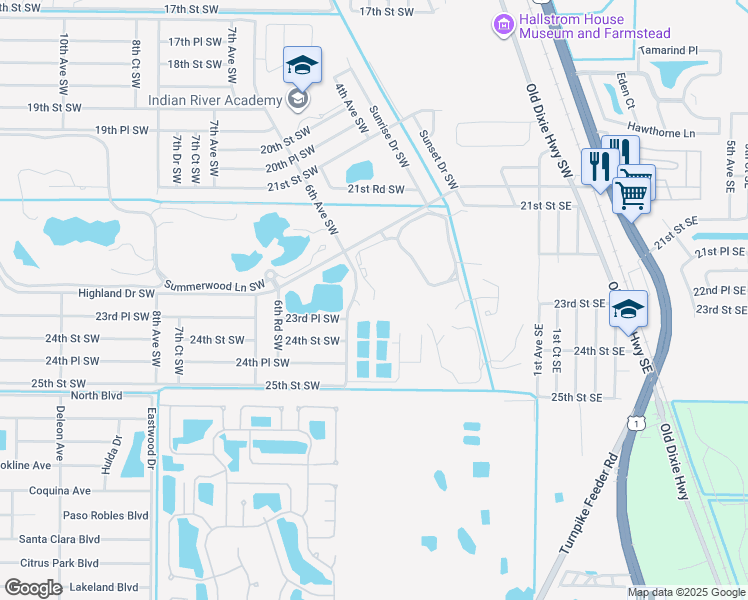 map of restaurants, bars, coffee shops, grocery stores, and more near 2365 Water Oaks Lane in Vero Beach