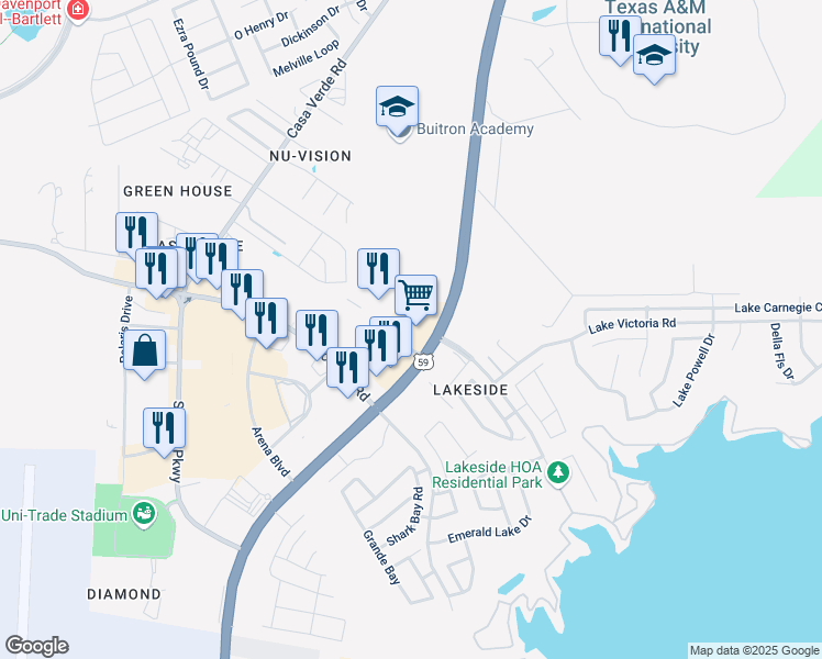 map of restaurants, bars, coffee shops, grocery stores, and more near 7220 Bob Bullock Loop in Laredo