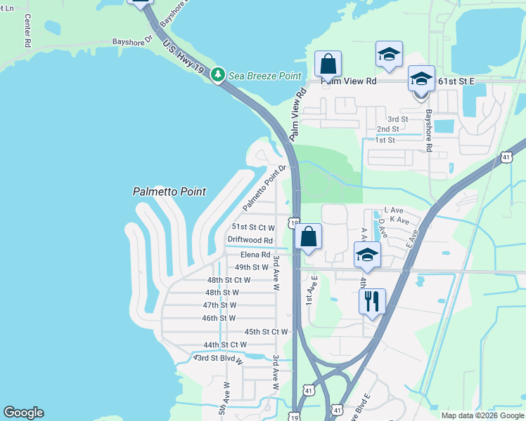 map of restaurants, bars, coffee shops, grocery stores, and more near 302 Buena Vista Road in Palmetto
