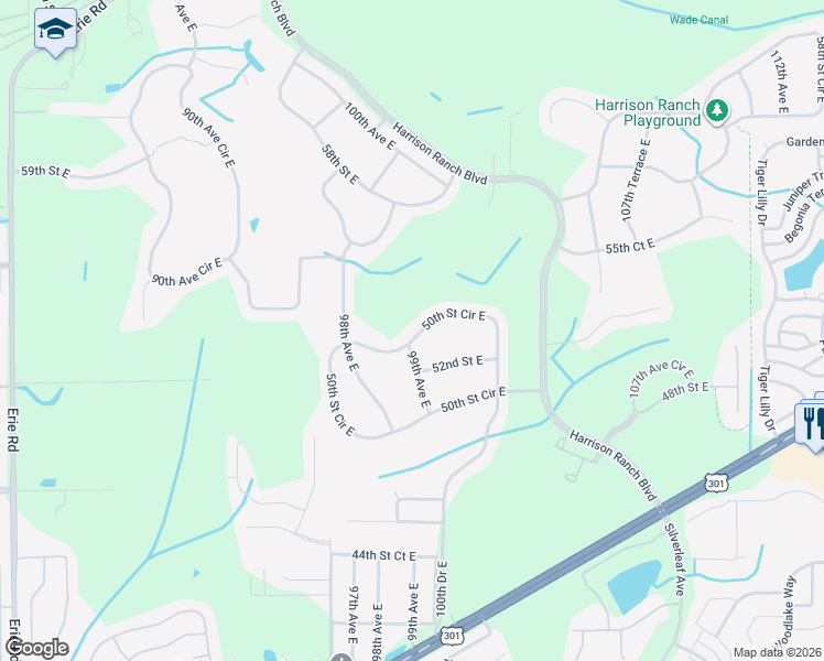 map of restaurants, bars, coffee shops, grocery stores, and more near 9756 50th Street Circle East in Parrish