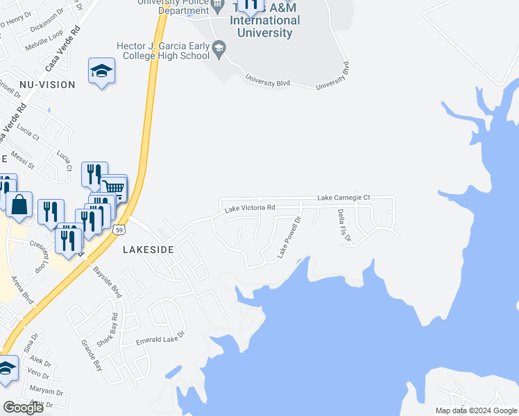 map of restaurants, bars, coffee shops, grocery stores, and more near Lake Victoria Road in Laredo