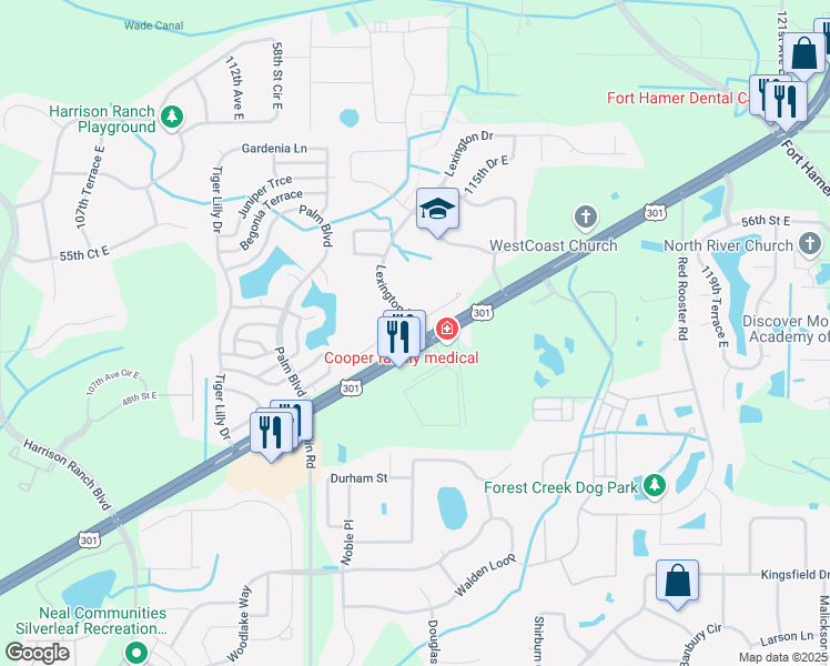 map of restaurants, bars, coffee shops, grocery stores, and more near 11499 52nd Court East in Parrish