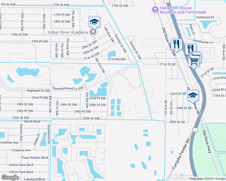 map of restaurants, bars, coffee shops, grocery stores, and more near 2365 Water Oaks Lane in Vero Beach