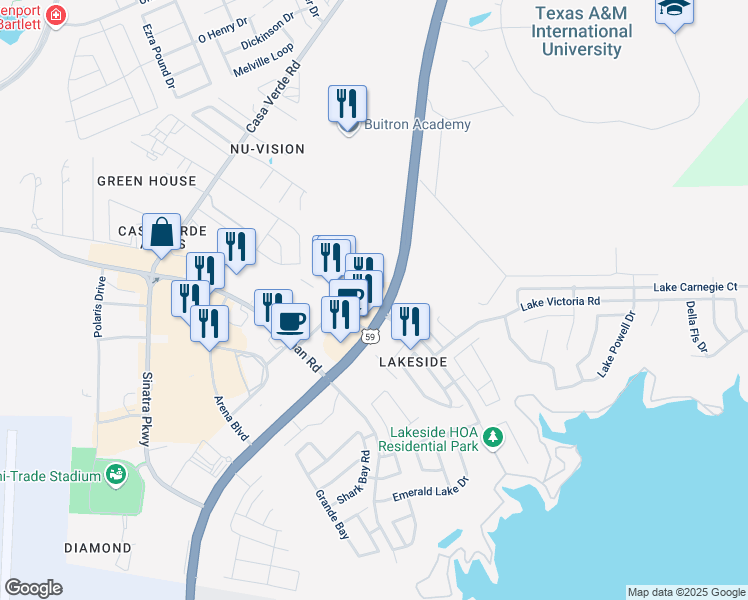 map of restaurants, bars, coffee shops, grocery stores, and more near 7220 Bob Bullock Loop in Laredo
