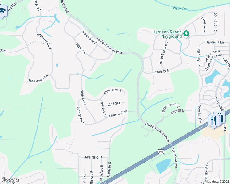 map of restaurants, bars, coffee shops, grocery stores, and more near 9954 52nd Street East in Parrish