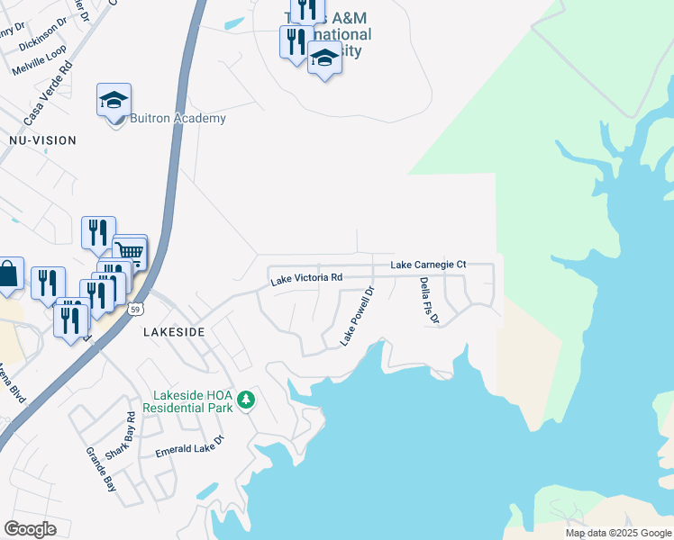 map of restaurants, bars, coffee shops, grocery stores, and more near 215 Lake Carnegie Court in Laredo