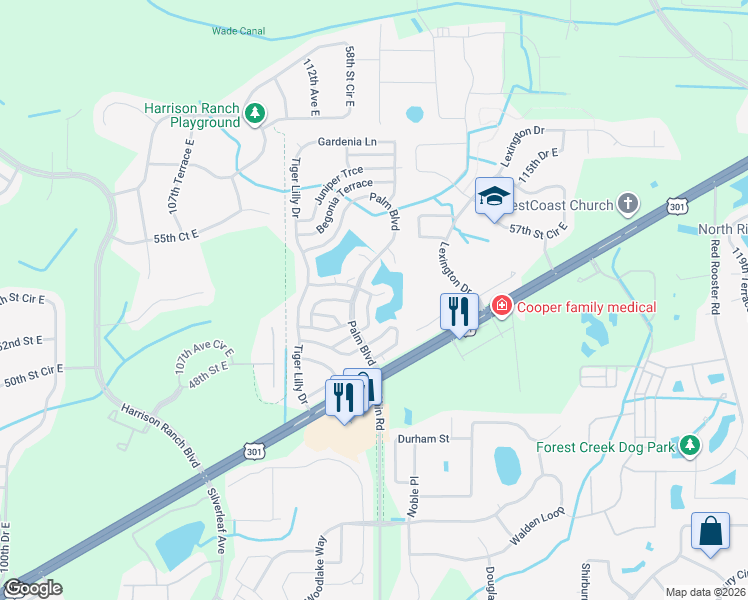 map of restaurants, bars, coffee shops, grocery stores, and more near 133 Jacaranda Way in Parrish