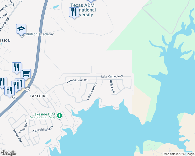 map of restaurants, bars, coffee shops, grocery stores, and more near 199 Lake Carnegie Court in Laredo