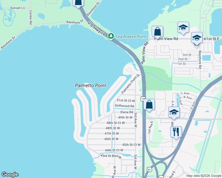 map of restaurants, bars, coffee shops, grocery stores, and more near 5307 Baystate Road in Palmetto