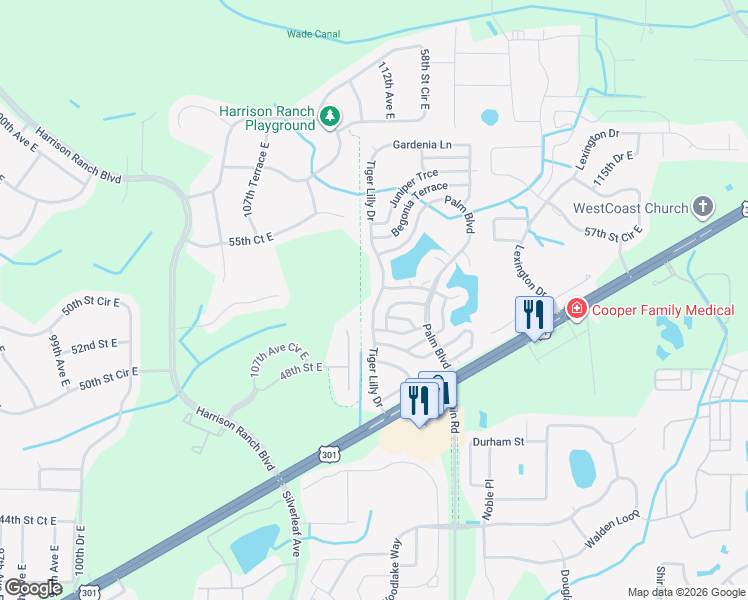 map of restaurants, bars, coffee shops, grocery stores, and more near 216 Tiger Lilly Drive in Parrish