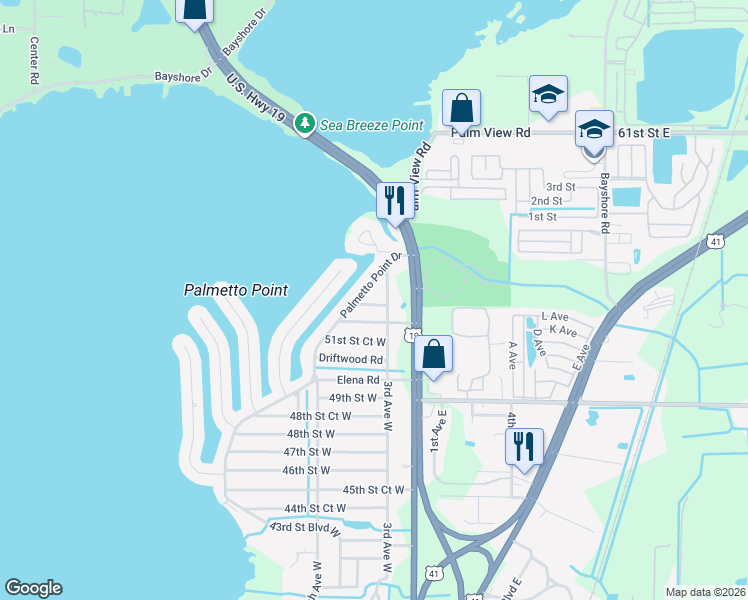 map of restaurants, bars, coffee shops, grocery stores, and more near 316 53rd Street West in Palmetto