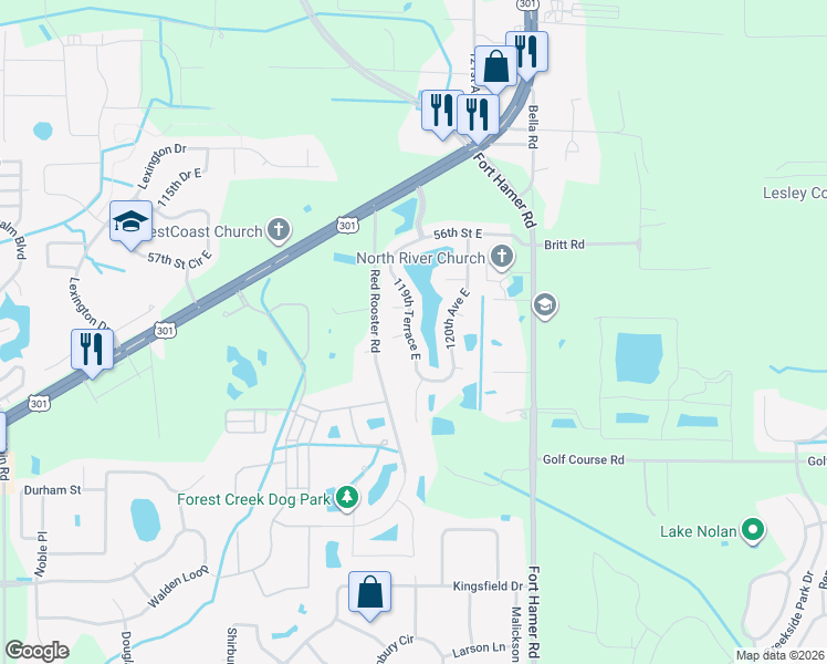 map of restaurants, bars, coffee shops, grocery stores, and more near 5324 119th Terrace East in Parrish