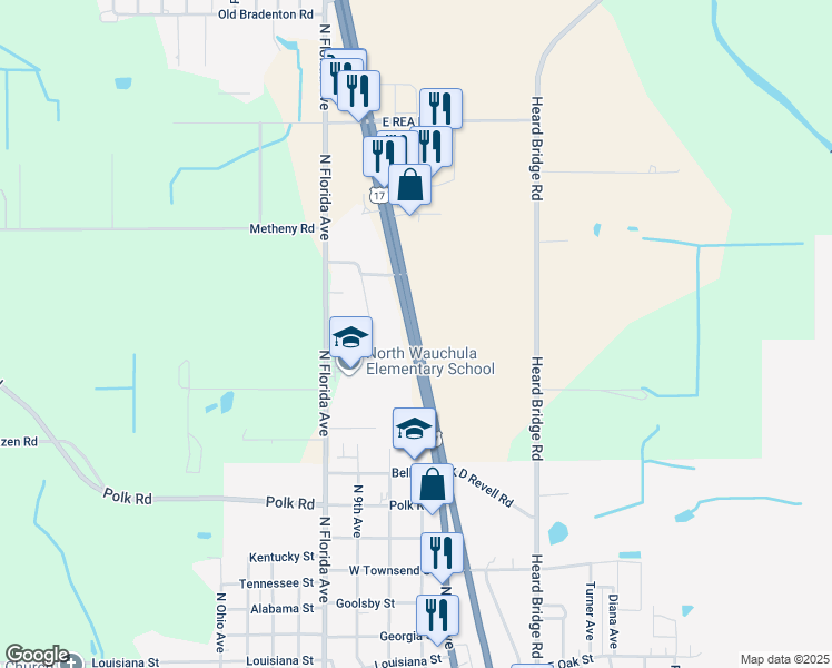 map of restaurants, bars, coffee shops, grocery stores, and more near 1133 U.S. 17 in Wauchula