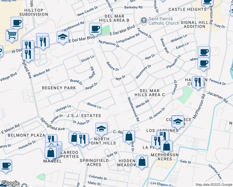 map of restaurants, bars, coffee shops, grocery stores, and more near 15 Northwood Drive in Laredo