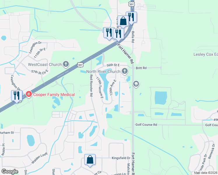 map of restaurants, bars, coffee shops, grocery stores, and more near 5324 119th Terrace East in Parrish