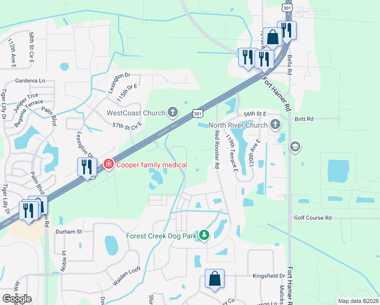map of restaurants, bars, coffee shops, grocery stores, and more near 11738 Hidden Forest Loop in Parrish