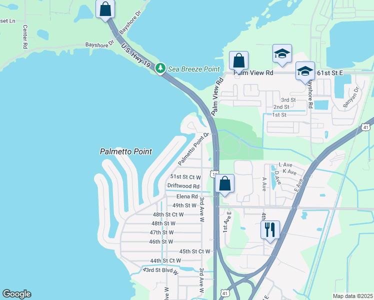 map of restaurants, bars, coffee shops, grocery stores, and more near 5404 Baystate Road in Palmetto