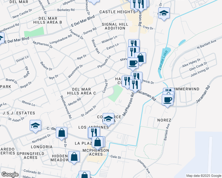 map of restaurants, bars, coffee shops, grocery stores, and more near 417 Martens Drive in Laredo
