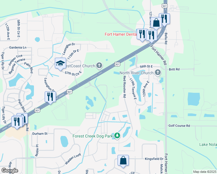 map of restaurants, bars, coffee shops, grocery stores, and more near 11738 Hidden Forest Loop in Parrish