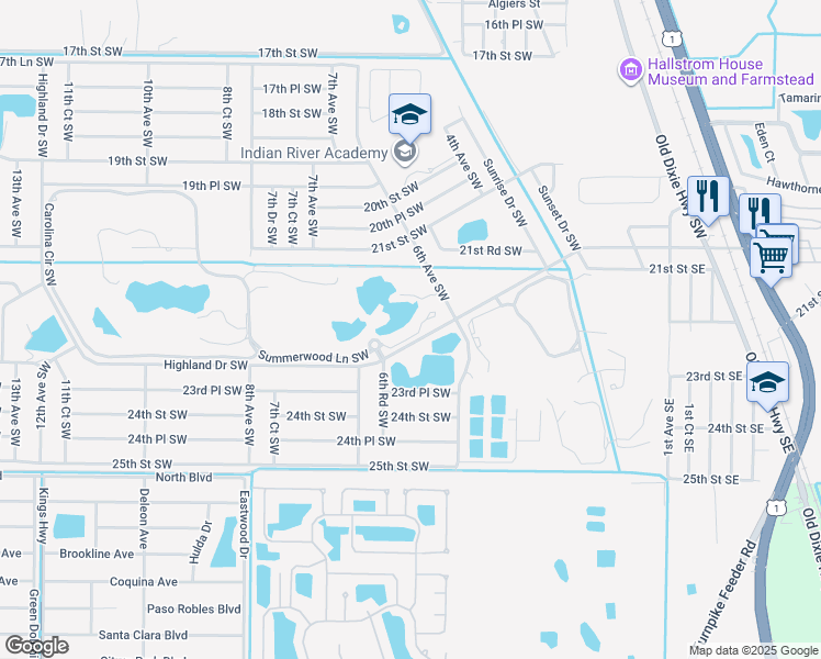 map of restaurants, bars, coffee shops, grocery stores, and more near 628 Bridgewater Lane Southwest in Vero Beach