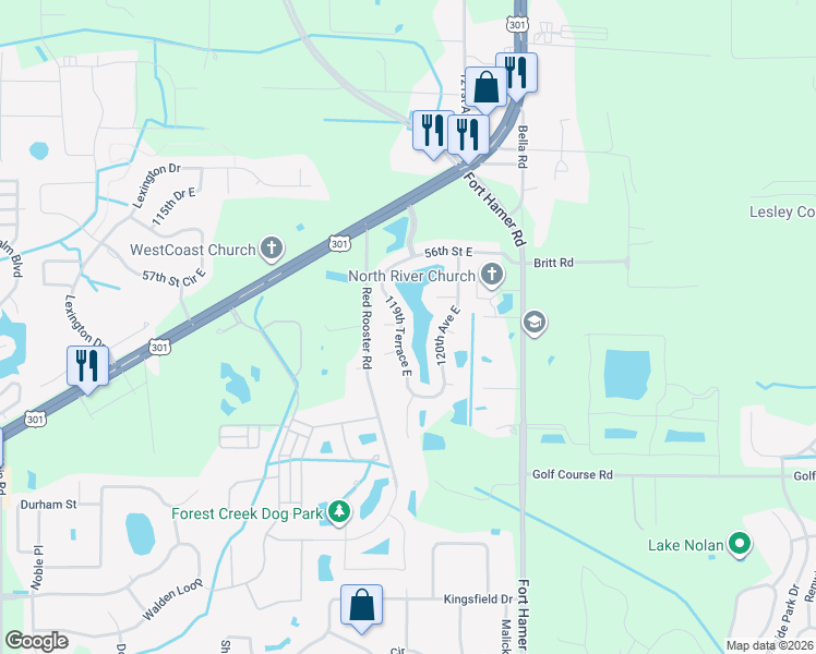 map of restaurants, bars, coffee shops, grocery stores, and more near 5324 119th Terrace East in Parrish