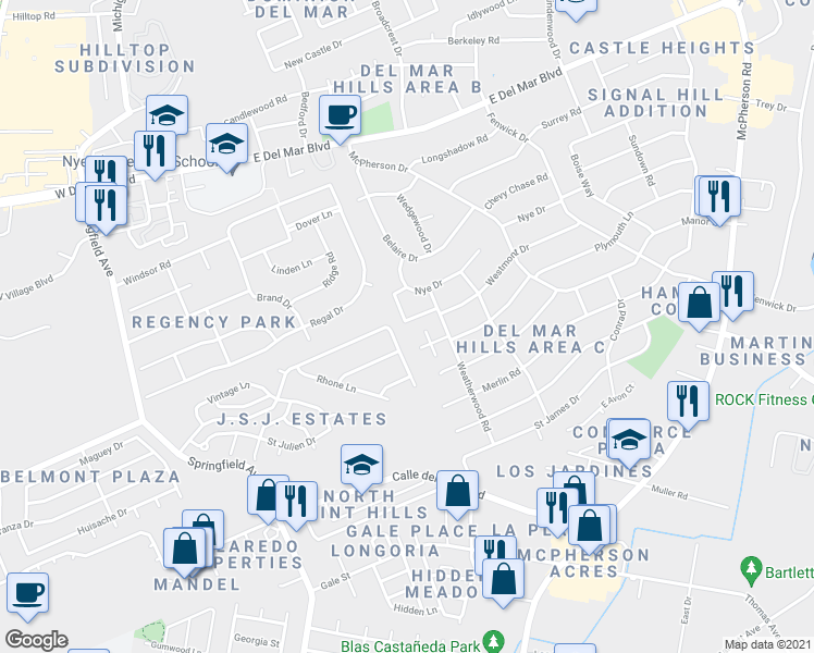 map of restaurants, bars, coffee shops, grocery stores, and more near 15 Northwood Drive in Laredo