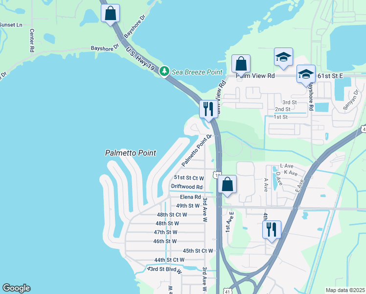 map of restaurants, bars, coffee shops, grocery stores, and more near 5404 Baystate Rd in Palmetto