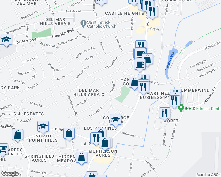 map of restaurants, bars, coffee shops, grocery stores, and more near 502 Conrad Drive in Laredo