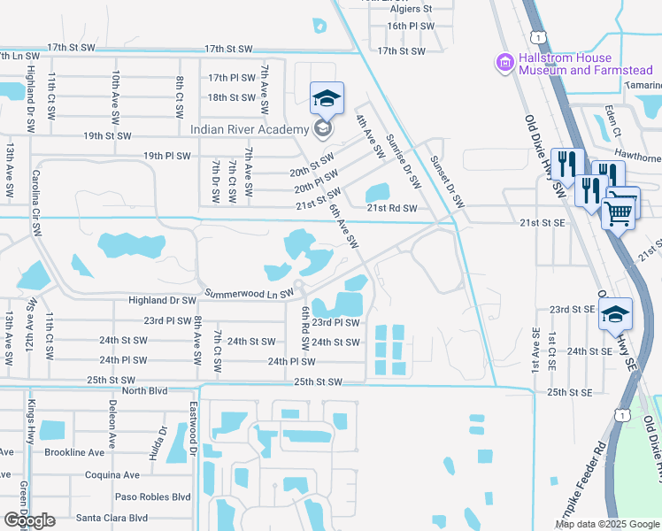map of restaurants, bars, coffee shops, grocery stores, and more near 628 Bridgewater Lane Southwest in Vero Beach