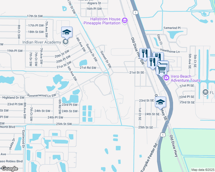 map of restaurants, bars, coffee shops, grocery stores, and more near 226 Oak Hammock Circle Southwest in Vero Beach